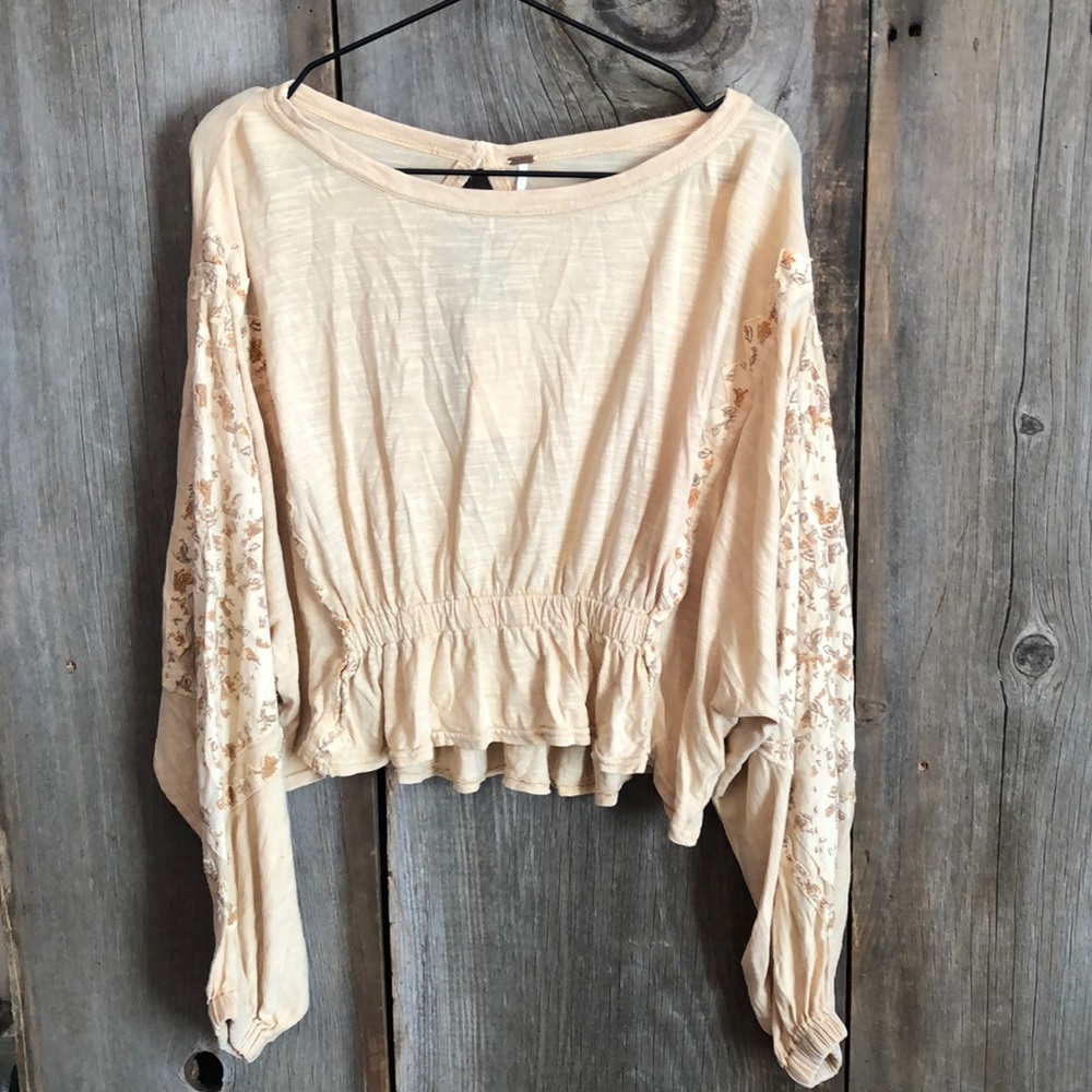 Free People Throwback Embroidered Volume Sleeve Top in Sand Combo Size S…